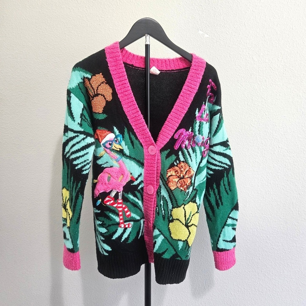 Holiday Time Cardigan Women XS Black Pink Fa La La Mingo Ugly Christmas Sweater